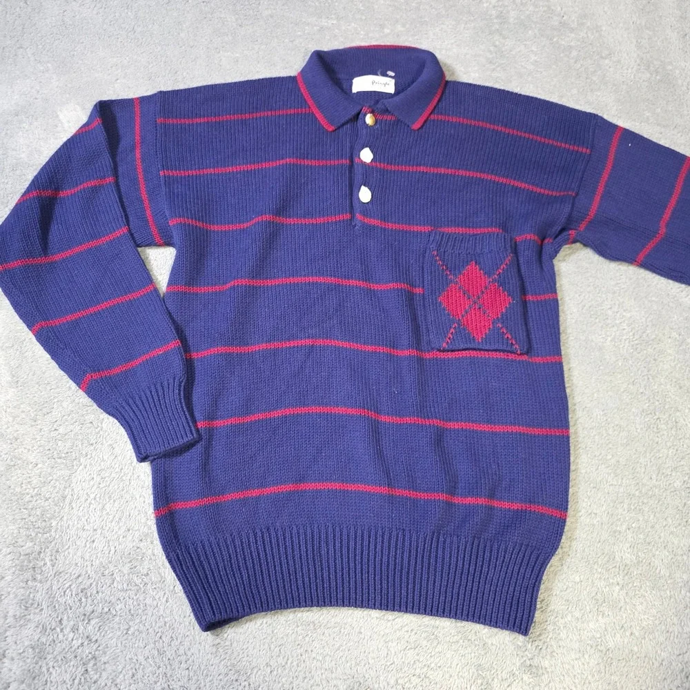 Pringle of Scotland Mens Medium Polo Sweater Purple Red Striped Argyle‎ Pocket